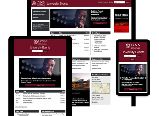 Screenshots of Lynn University Events site at various widths showing responsive web design