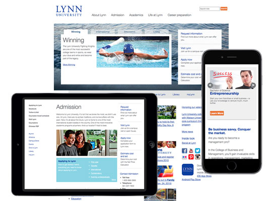 Screenshots of Lynn University site at various widths showing responsive web design